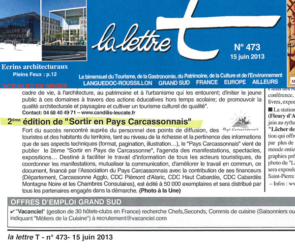 Article sur "l'Agenda des Sorties 2013" dans la Lettre T